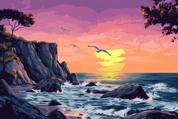 Wall Mural - Serene Sunset Over Rocky Coastline With Gulls in Flight