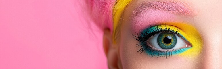 Vibrant, multicolored eye makeup for parties and discos. A wide-open eye adorned with rainbow eyeshadows. A girl showcasing professional, colorful makeup. Featuring the colors of the LGBT movement