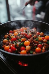 Wall Mural - Steaming wok of colorful vegetables and meat stir-fry.