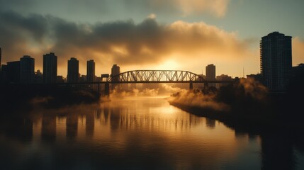 Wall Mural - Sunrise Over the City River with Soft Golden Light