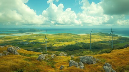 Wall Mural - Wind Turbines Against a Scenic Coastal Landscape