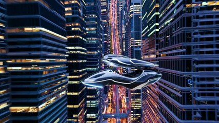 Poster - Futuristic flying vehicle navigating a vibrant urban skyline at night