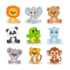 Wall Mural - Set of cartoon cute animals including lion, tiger, hippopotamus, bear, panda, koala, monkey, crocodile and elephant. Jungle and forest animals for magazines, postcards. 