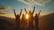 © Molly P - A group of excited young adults enjoys a bonding moment during sunset, celebrating friendship and adventure in a stunning backlit landscape.