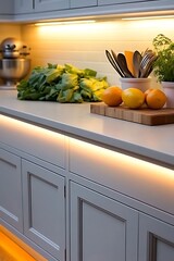 Wall Mural - Warm LED under cabinet kitchen lighting illuminates countertop with fresh produce and utensils.