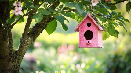 Charming Pink Birdhouse Hanging Amidst Lush Green Foliage