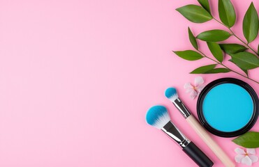 Wall Mural - An overhead view of a pink background featuring professional makeup products, tools, and accessories. This composition is ideal for a beauty blog, highlighting beauty, fashion, and shopping.