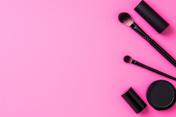 Wall Mural - Professional makeup instruments. Makeup products arranged on a colorful background, top view. An assortment of different makeup essentials.