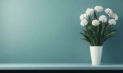 Poster - White flowers in a white pot on a teal wall.