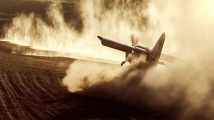 Aircraft performs crop dusting over fields at sunrise creating a cloud of dust in the early morning light