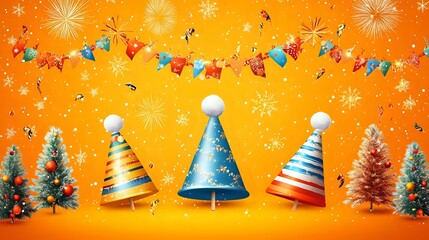 Wall Mural - Cheerful Christmas and New Year banner with party hats, colorful garlands and fireworks on a bright orange background