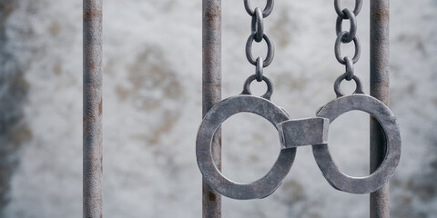 Metal handcuffs hang from the bars of a prison cell. Concept of prison sentence, arrest, punishment for political offense.