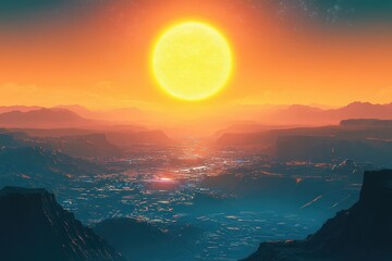 Wall Mural - Alien Sunset Over Canyon Cityscape