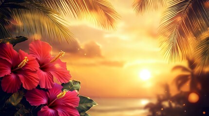 Wall Mural - tropical christmas and new year banner with golden palm trees, bright hibiscus flowers and a glowing
