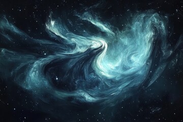 Wall Mural - Abstract cosmic swirl resembling a glowing blue nebula with ethereal textures and starry details set against a dark, mysterious space backdrop