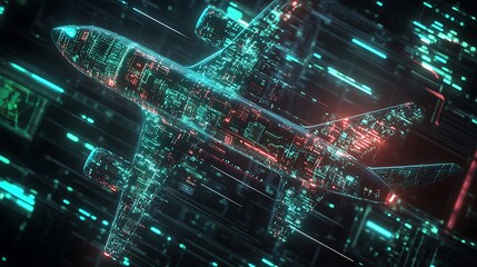 digital airplane soaring through cyberspace network