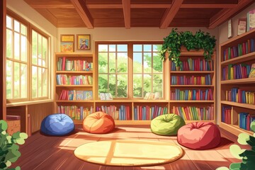 Poster - Sunlit Cozy Reading Room With Bookshelves And Beanbags