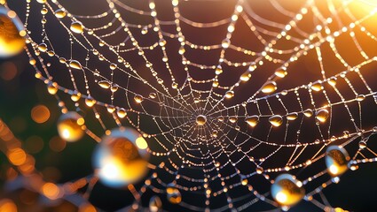 Dewdrop-covered spiderweb at sunrise, a captivating macro