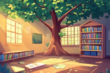 Sticker - Sunlit Classroom With Tree And Bookshelves