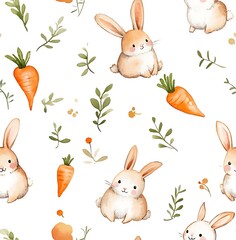 Canvas Print - A seamless pattern of watercolor rabbits and carrots, easter pattern