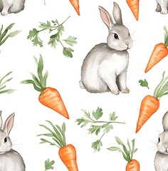 Canvas Print - A seamless pattern of watercolor rabbits and carrots, easter pattern