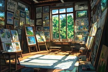 Sticker - Sunlit Artists Studio Filled With Colorful Paintings