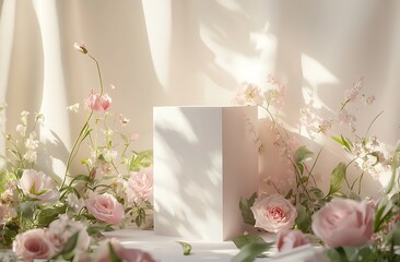 Canvas Print - A white cube podium surrounded by pastel pink and green flowers