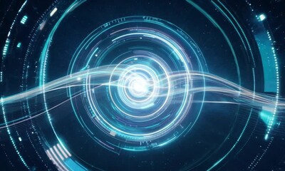 Wall Mural - Abstract Digital Interface: A mesmerizing blue and white abstract digital interface with swirling lines and glowing circles, perfect for technology-related designs and presentations.  