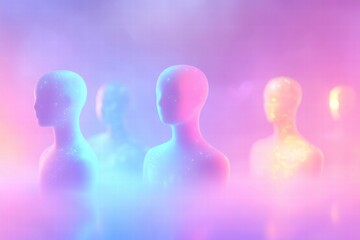 Fototapete - Colorful abstract faceless avatars in dreamy atmosphere with space for creative text placement. Generative AI