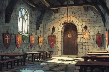 Poster - Medieval Hall with Tables Shields and a Large Door