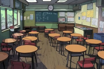 Canvas Print - Empty Classroom With Tables And Chairs Arranged For Students