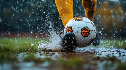 Soccer player kicking ball in rain, close-up.