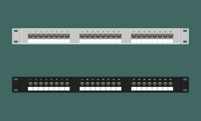 set of 24 ethernet ports patch panels for a 19-inch server rack or cabinet. vector illustration in f