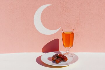 Aufkleber - A flat design of a crescent moon and a star, with a small plate of dates and a glass of water below, set against a soft pastel background