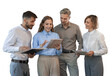 © ty - Four business people discussing work together using a tablet on a transparent background