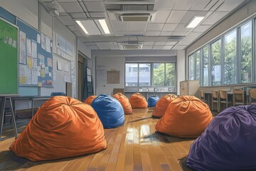 Poster - Sunlit Classroom Filled With Colorful Beanbag Chairs