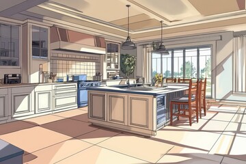 Wall Mural - Sunlit Modern Kitchen Design With Island and Large Windows