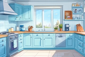 Wall Mural - Bright Blue Kitchen With Sunny Window View