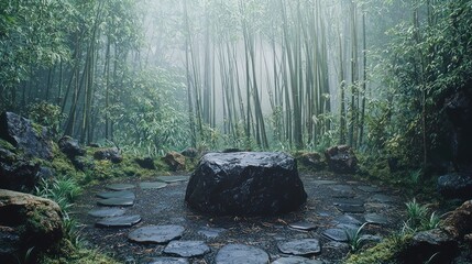 Sticker - Mystical forest scene with a stone pedestal.