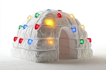 Aufkleber - A playful 2D cartoon of an igloo with colorful lights glowing from inside, set against a clean white background