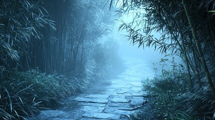 Sticker - Misty path through bamboo forest at dawn.