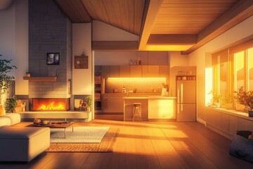 Poster - Warm Evening Light Illuminates Cozy Home Interior Design