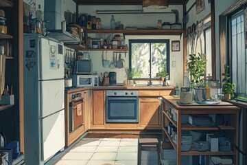 Sticker - Sunlit Kitchen With Wooden Cabinets And Abundant Plants