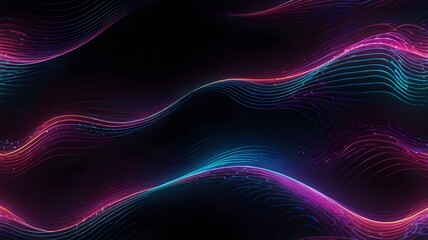 Wall Mural - A neon wave pattern with glowing blues and pinks on a dark background