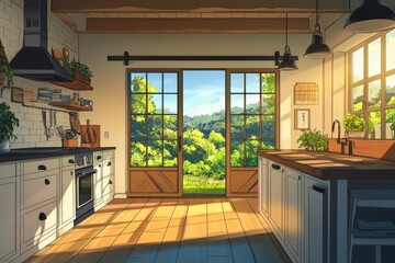 Wall Mural - Sunlit Farmhouse Kitchen with Scenic View