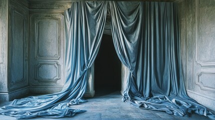 Poster - Dusty blue velvet curtains draped in an old room, revealing a dark doorway.