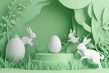 Canvas Print - 3D render, green background with an Easter egg podium