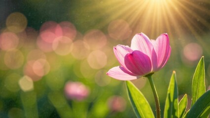Aufkleber - A single pink tulip is illuminated by sunlight with a blurred green background. Concept of natural beauty.