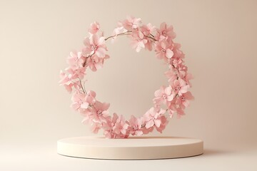 Canvas Print - A minimalist podium display with a pastel pink floral wreath