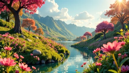 Aufkleber - A scenic landscape features a calm river with pink and orange flowering trees and mountains in the background. Concept of serene nature.